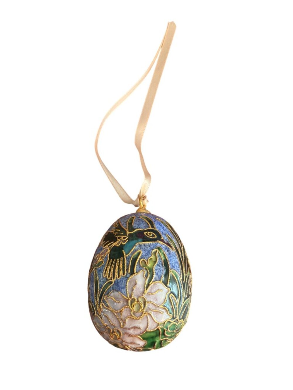 Vintage Cloisonné Enamel Egg Ornament Hummingbird Flowers Brass 3" Estate